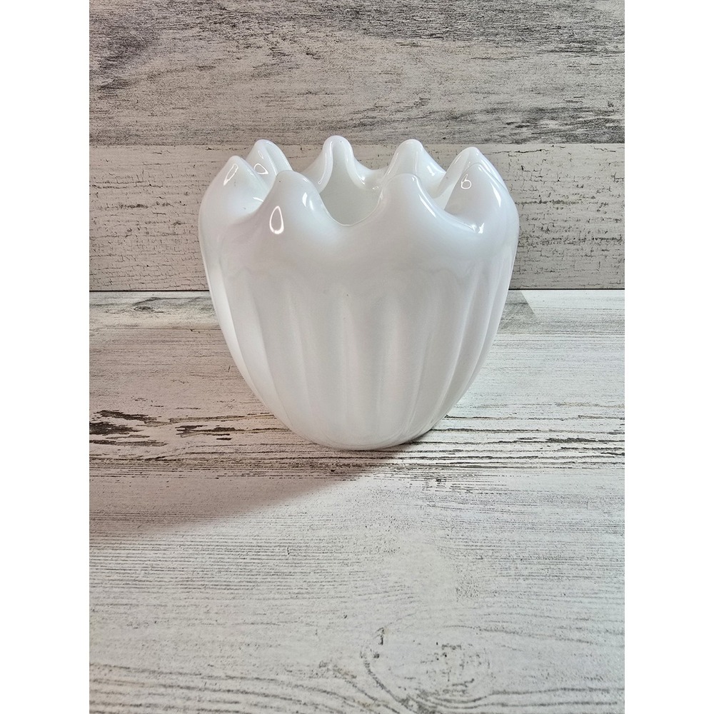 Vintage White Milk Glass Ruffled Rim‎ Ribbed Vase Planter 4.5 Inch MCM Decor